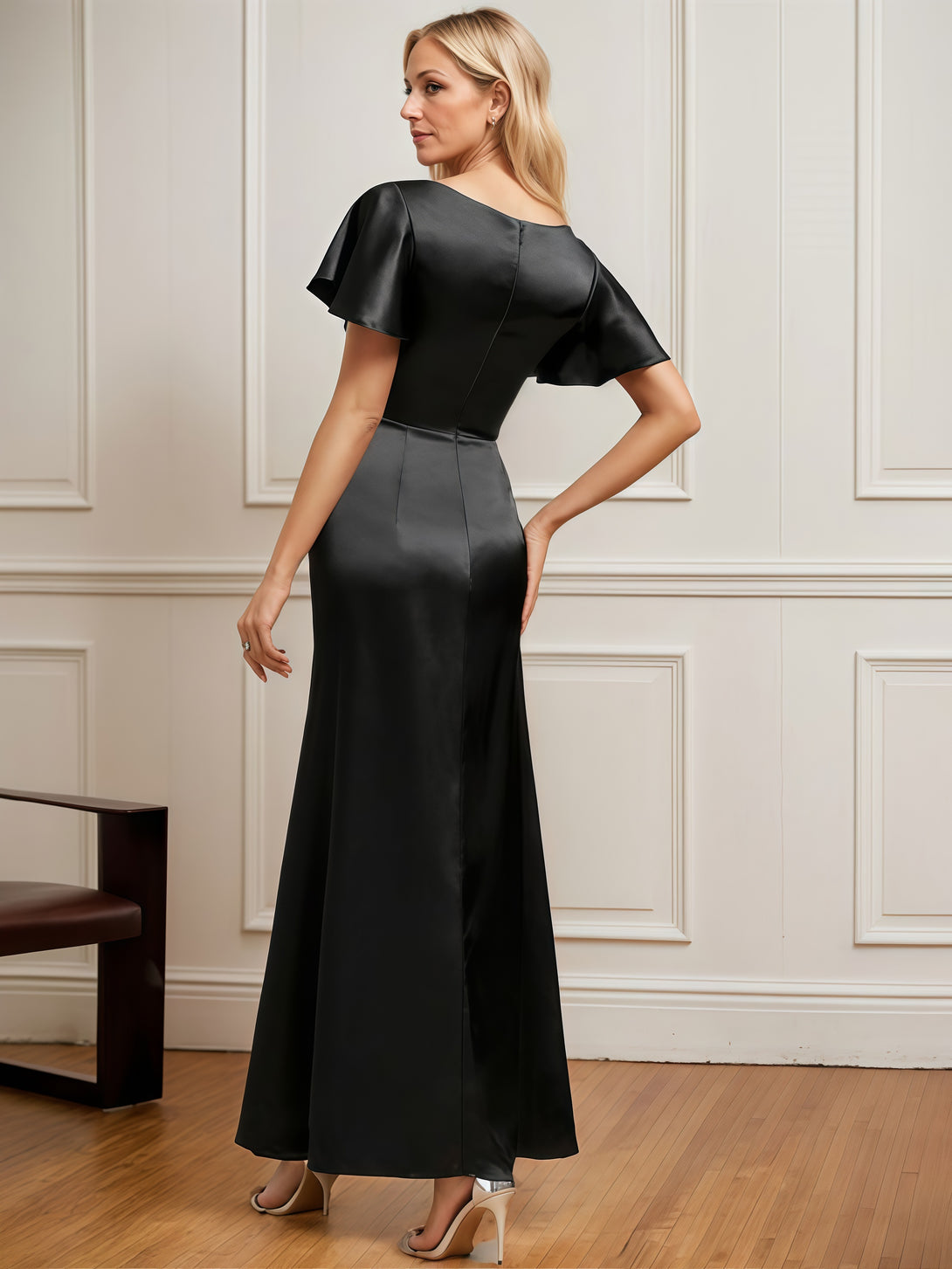 Boat Neck Flutter Straps A-Line Ankel-Length Satin Mother of the Bride Dress With Pleated/Beads BabaMila