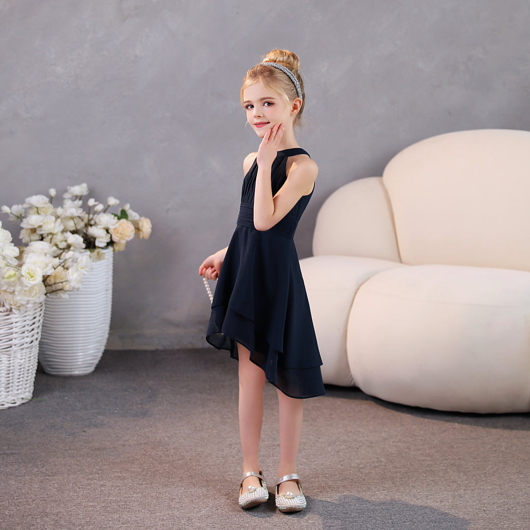 Girls Birthday Dresses Halter Sleeveless Chiffon Asymmetrical Knee-Length Junior Bridesmaid Dress/Party Dresses With Pleated/Belt Gidiondress