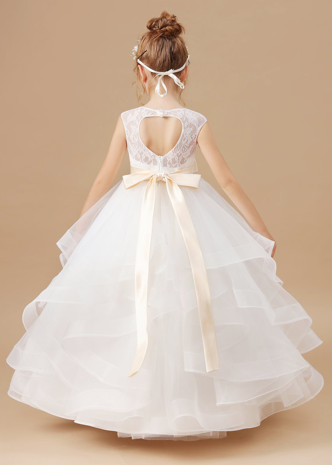 Ball Gown Sleeveless Scoop Neck Floor-Length Satin/Lace/Tulle Flower Girl Dresses/First Communion Dress With Bow/Belt Girls Gidiondress