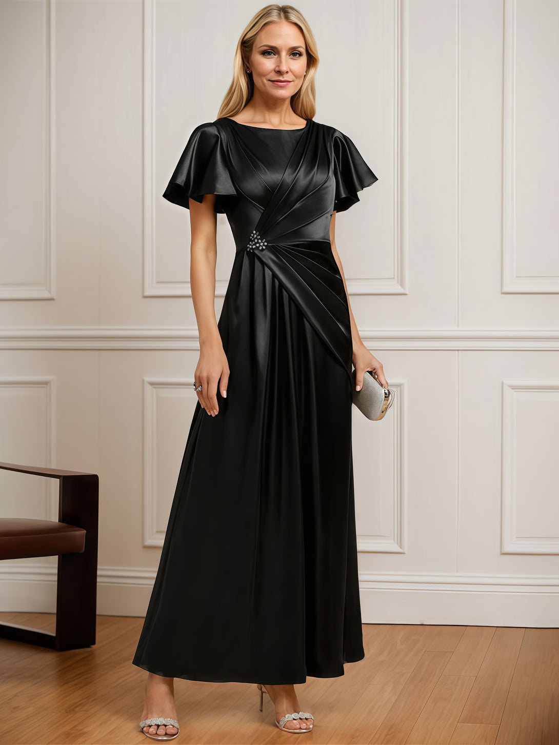 Boat Neck Flutter Straps A-Line Ankel-Length Satin Mother of the Bride Dress With Pleated/Beads BabaMila