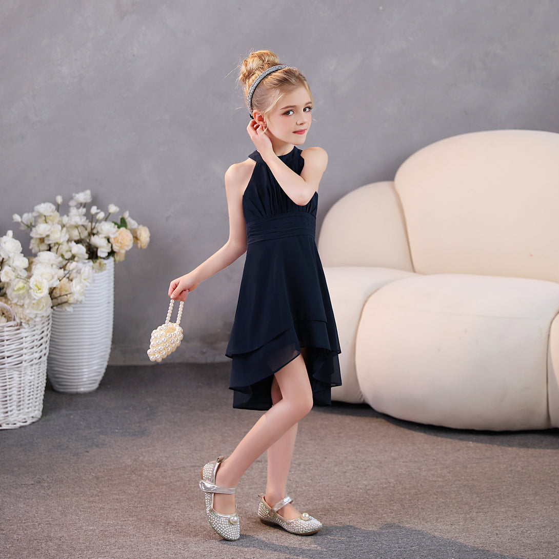 Girls Birthday Dresses Halter Sleeveless Chiffon Asymmetrical Knee-Length Junior Bridesmaid Dress/Party Dresses With Pleated/Belt Gidiondress