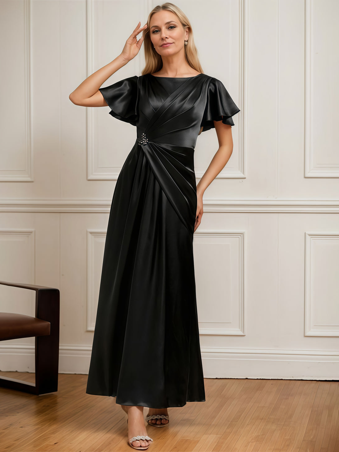 Boat Neck Flutter Straps A-Line Ankel-Length Satin Mother of the Bride Dress With Pleated/Beads BabaMila
