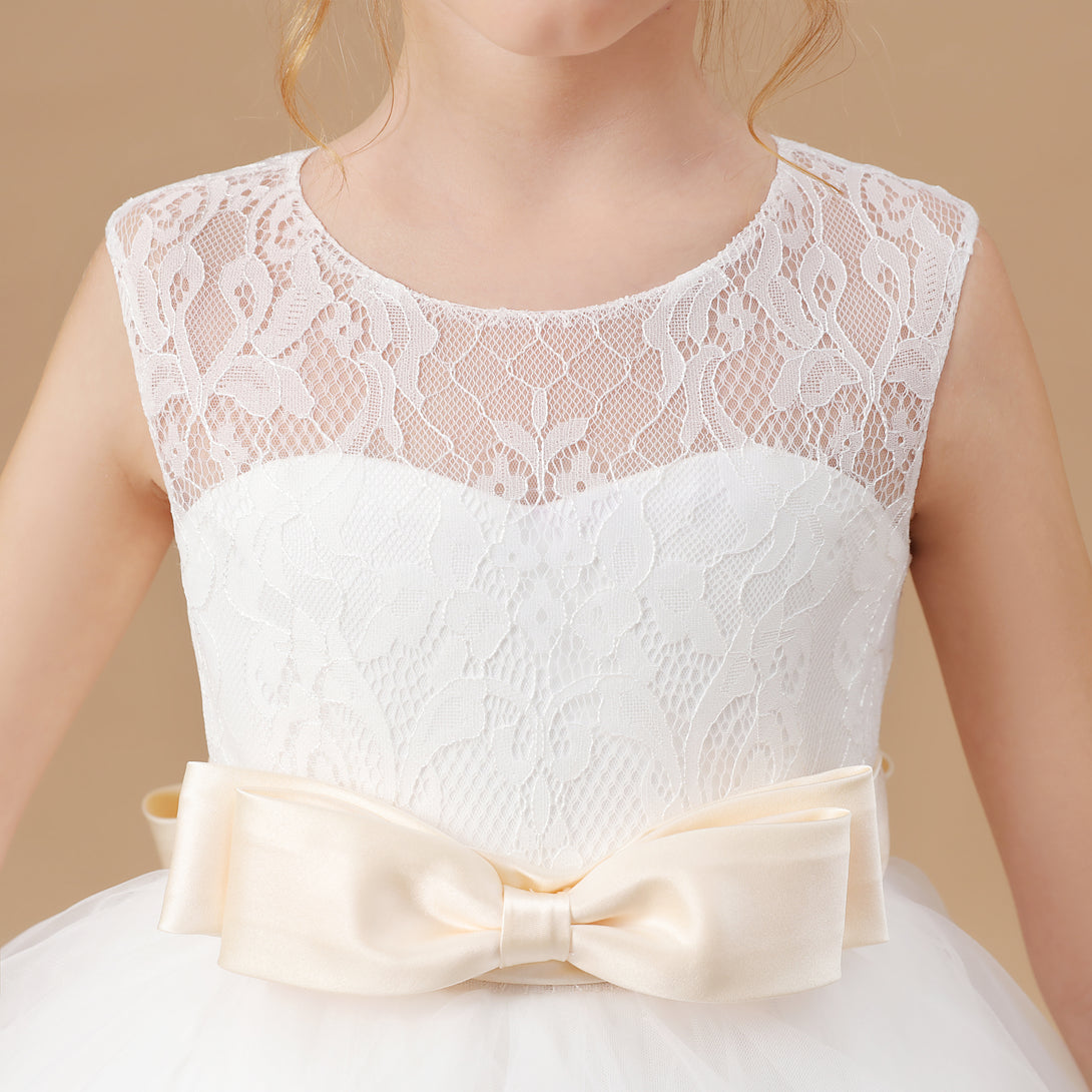 Ball Gown Sleeveless Scoop Neck Floor-Length Satin/Lace/Tulle Flower Girl Dresses/First Communion Dress With Bow/Belt Girls Gidiondress