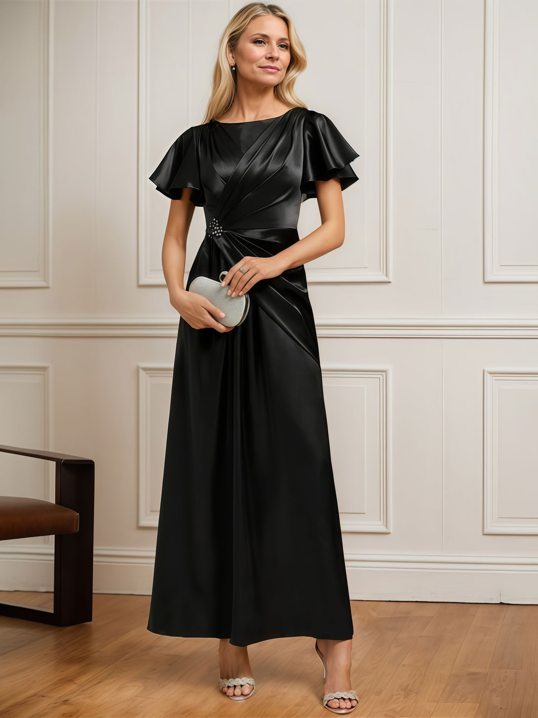 Boat Neck Flutter Straps A-Line Ankel-Length Satin Mother of the Bride Dress With Pleated/Beads BabaMila