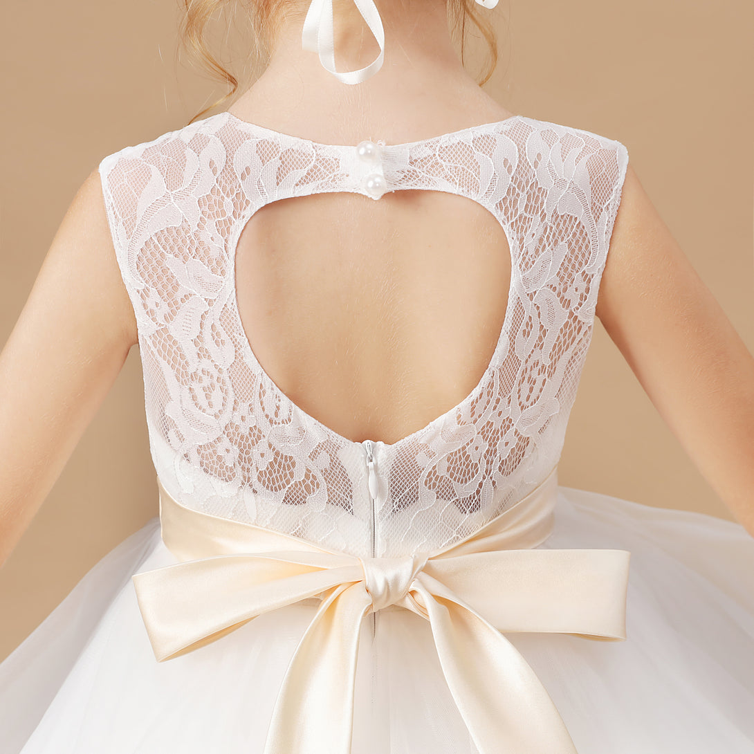Ball Gown Sleeveless Scoop Neck Floor-Length Satin/Lace/Tulle Flower Girl Dresses/First Communion Dress With Bow/Belt Girls Gidiondress