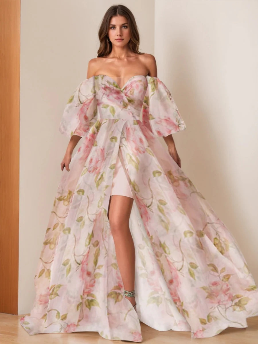 A-Line/Princess Off-the-shoulder Floor-length Printed Floral Prom Dresses with Slit BabaMila