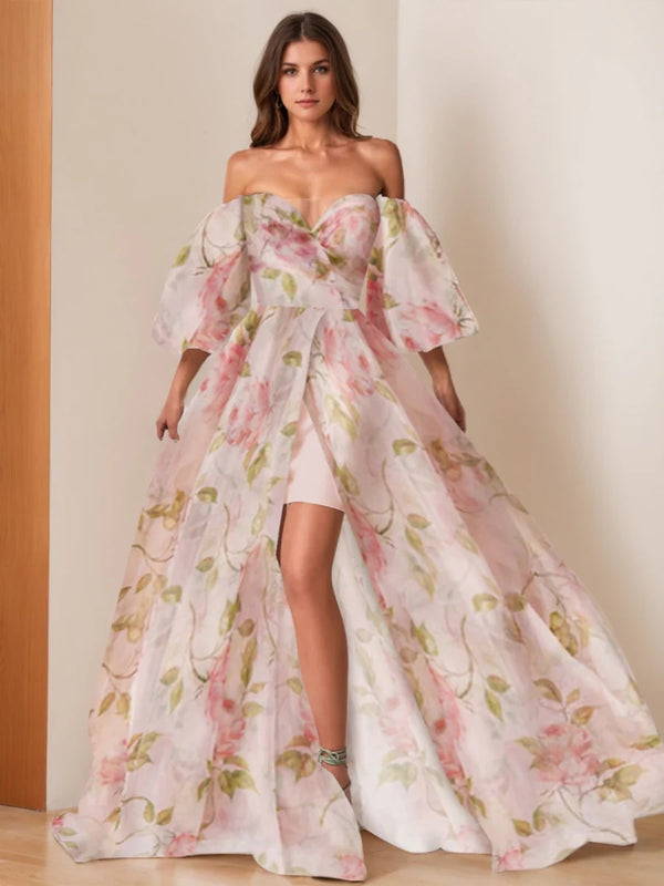 A-Line/Princess Off-the-shoulder Floor-length Printed Floral Prom Dresses with Slit BabaMila