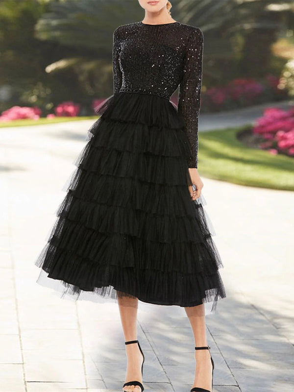 A-Line Jewel Neck Long Sleeve Tea Length Mother Of The Bride Dresses With Sequin Tiered BabaMila