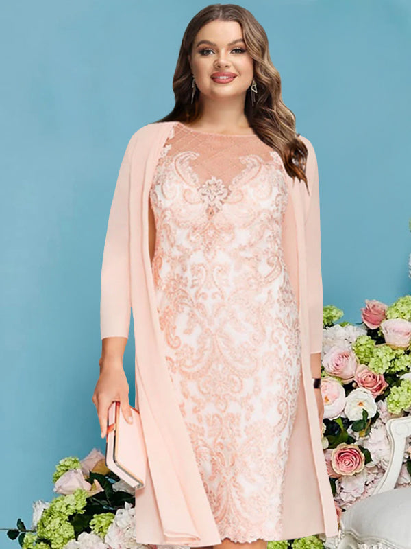 Sheath/Column Scoop Long Sleeves Knee-Length Plus Size Mother Of The Bride Dresses With Lace Beading Appliques BabaMila