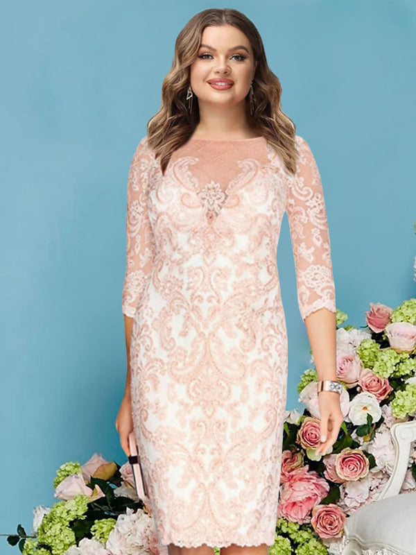 Sheath/Column Scoop Long Sleeves Knee-Length Plus Size Mother Of The Bride Dresses With Lace Beading Appliques BabaMila