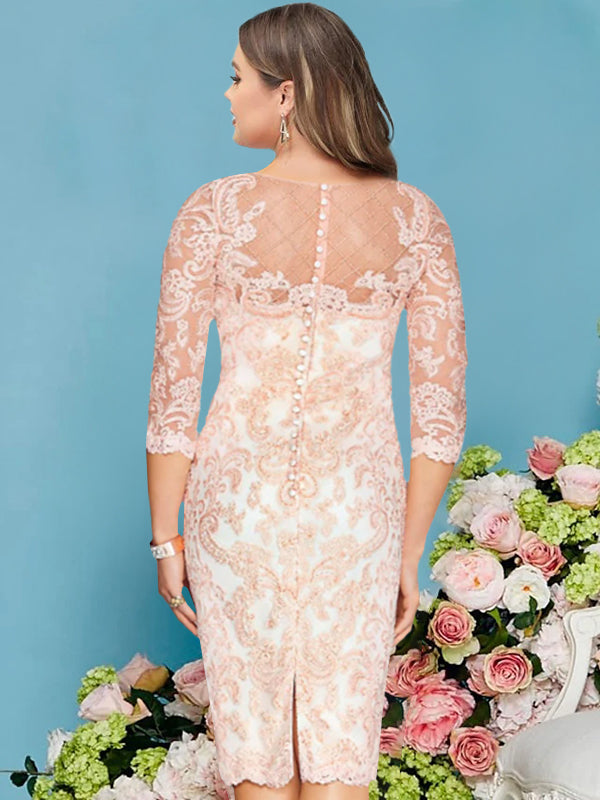Sheath/Column Scoop Long Sleeves Knee-Length Plus Size Mother Of The Bride Dresses With Lace Beading Appliques BabaMila