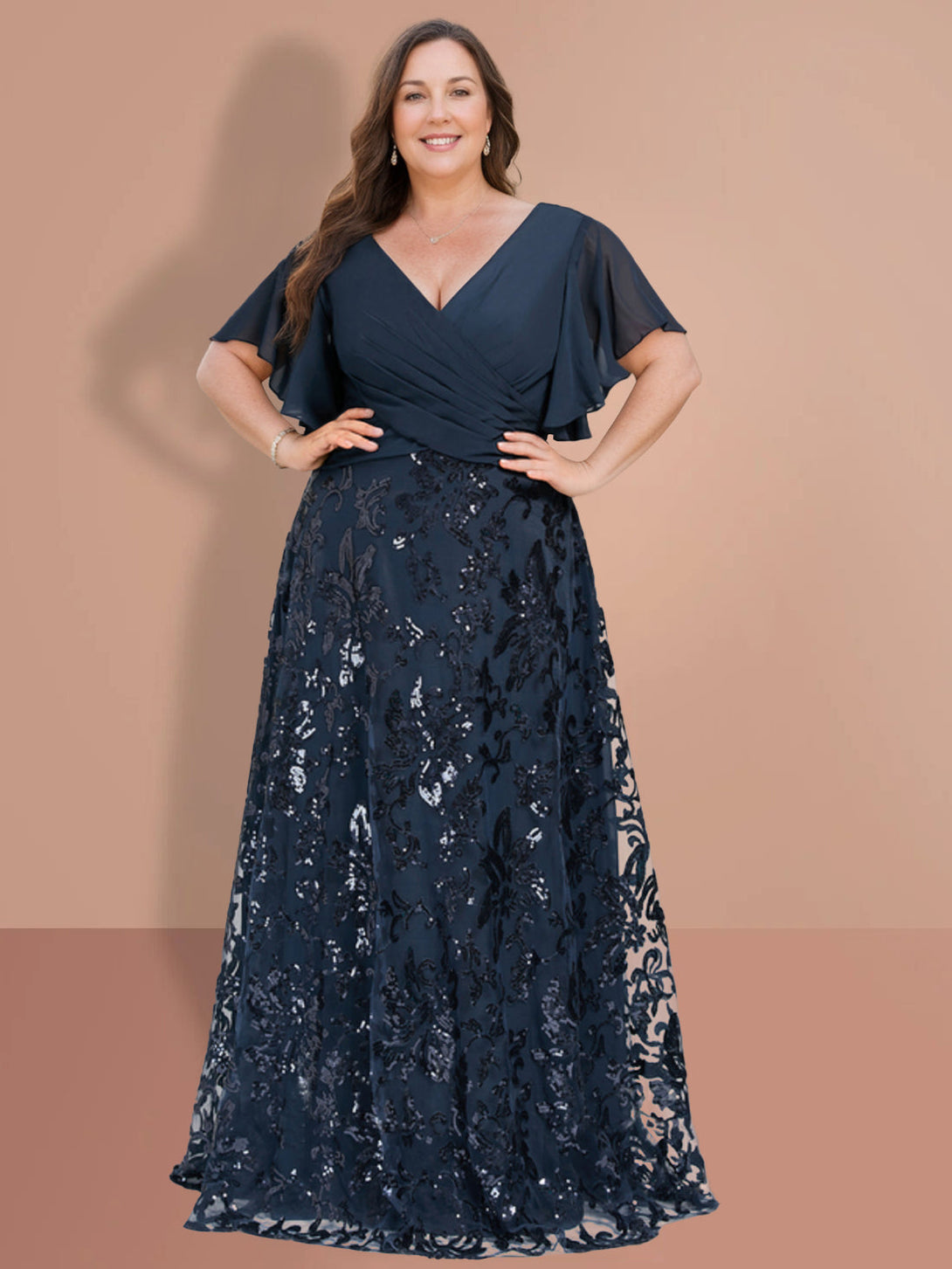 A-Line/Princess V-Neck Short Sleeves Floor-Length Plus Size Mother Of The Bride Dresses With Sequins BabaMila