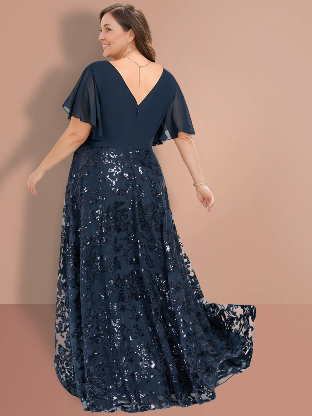 A-Line/Princess V-Neck Short Sleeves Floor-Length Plus Size Mother Of The Bride Dresses With Sequins BabaMila