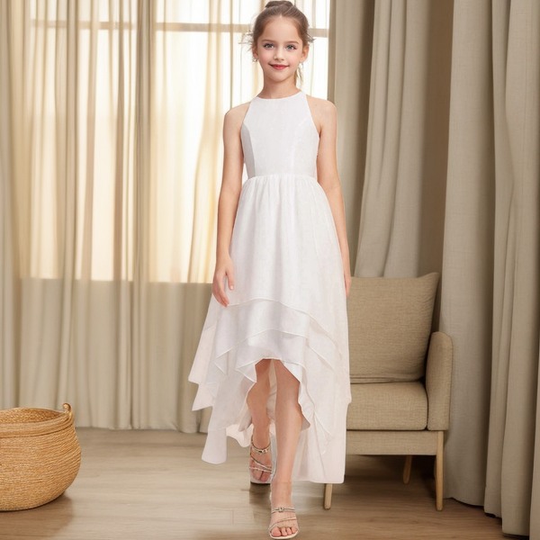 Boat Neck Sleeveless Asymmetrical Chiffon Junior Bridesmaid Dress/First Communion Dress Girls Gidiondress as picture 12M