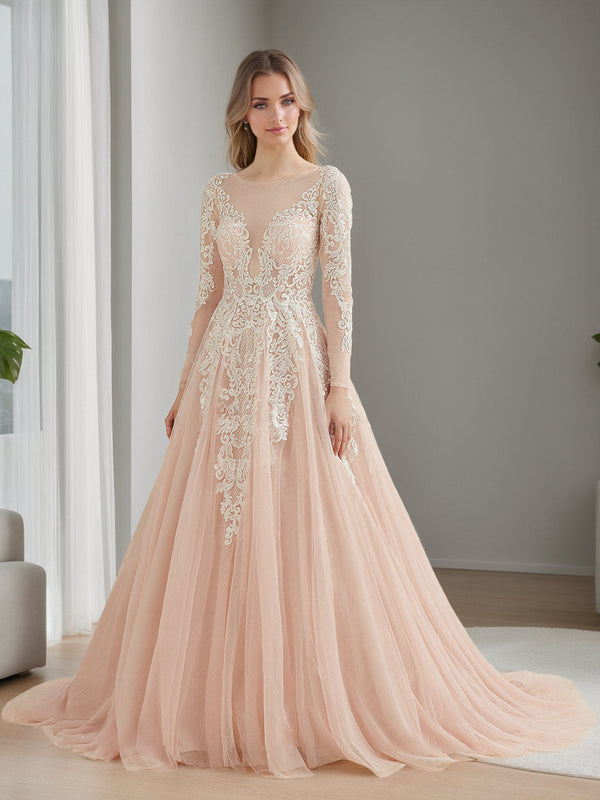 A-Line/Princess Scoop Long Sleeves Floor-length Lace Wedding Dress with Appliques BabaMila