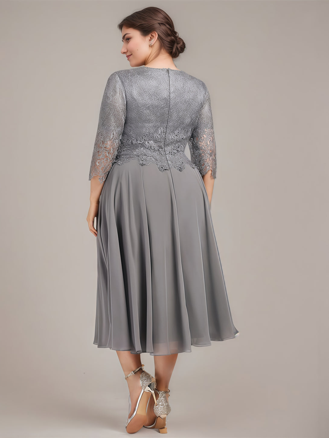 Boat Neck 3/4 Sleeve A-Line Tea-Length Lace/Chiffon Mother of the Bride Dress With Appliques BabaMila