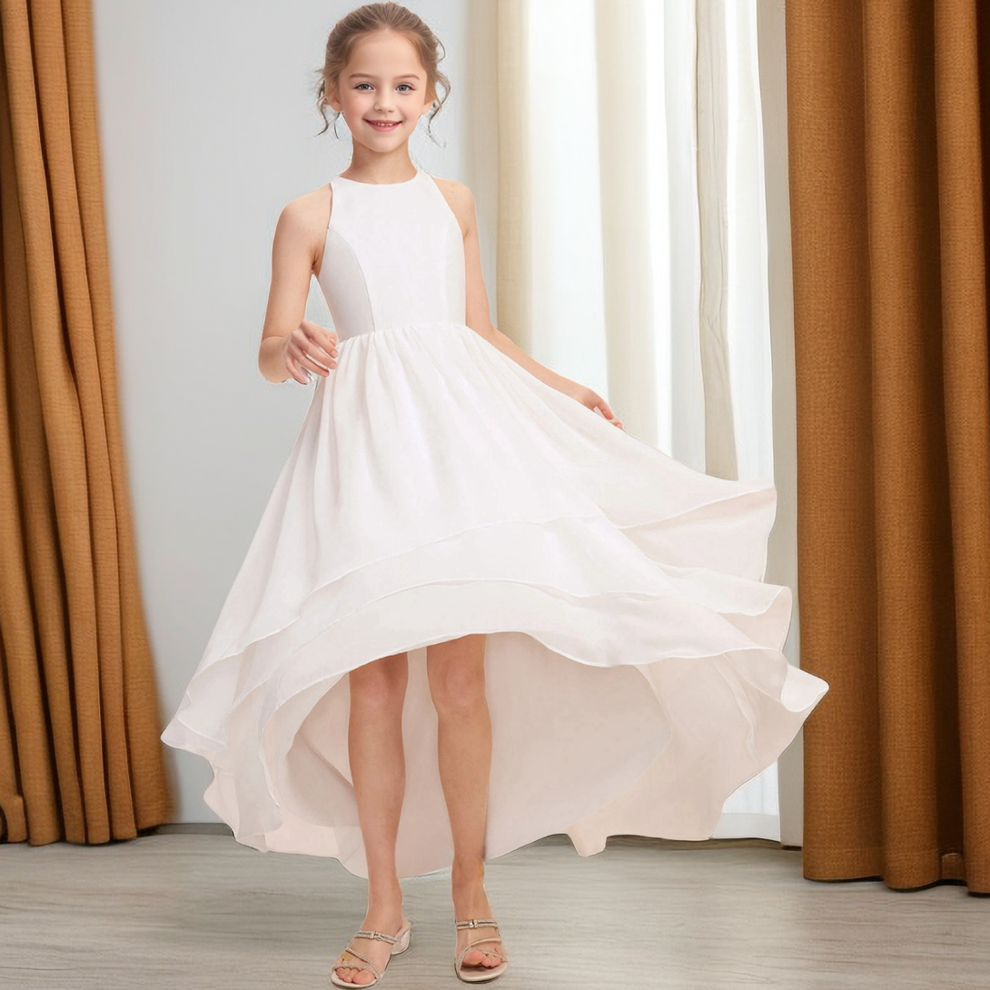 Boat Neck Sleeveless Asymmetrical Chiffon Junior Bridesmaid Dress/First Communion Dress Girls Gidiondress