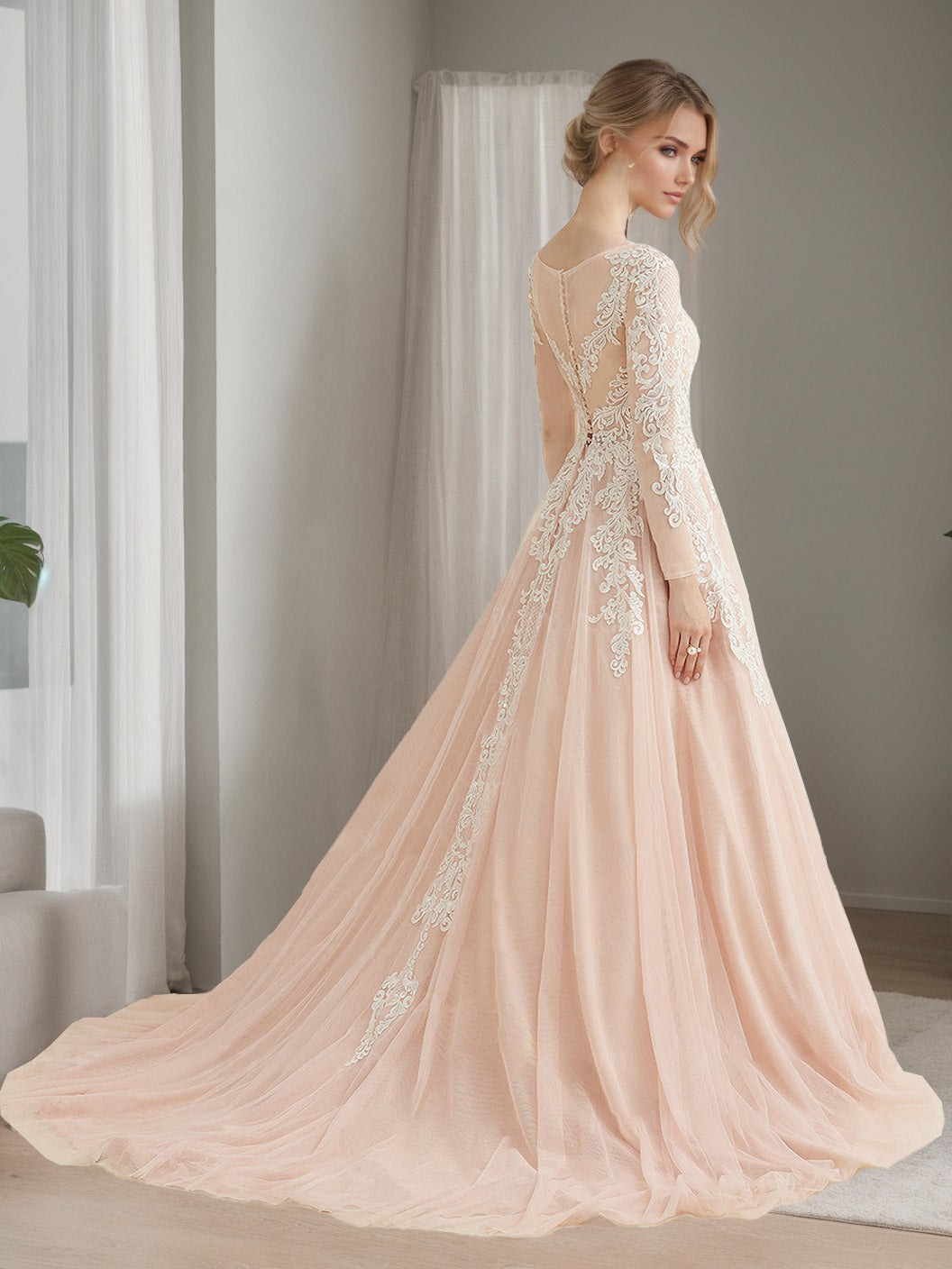 A-Line/Princess Scoop Long Sleeves Floor-length Lace Wedding Dress with Appliques BabaMila
