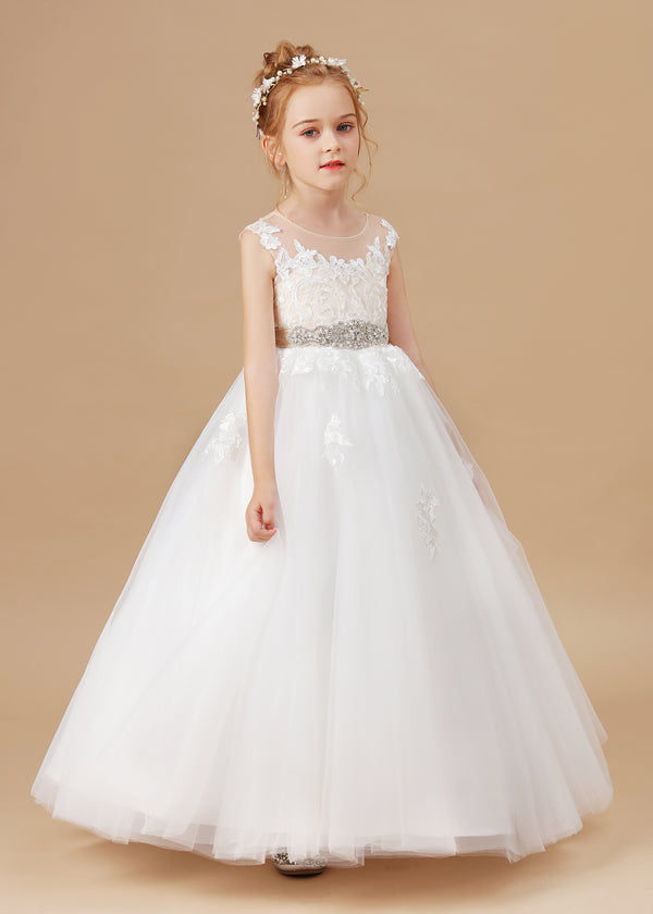Ball Gown Sleeveless Scoop Neck Floor-Length Satin/Lace/Tulle Flower Girl Dresses With Beads Belt/Appliques Girls Gidiondress