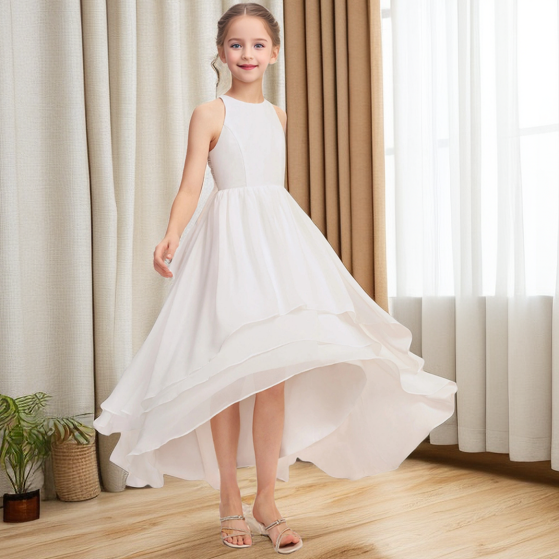 Boat Neck Sleeveless Asymmetrical Chiffon Junior Bridesmaid Dress/First Communion Dress Girls Gidiondress