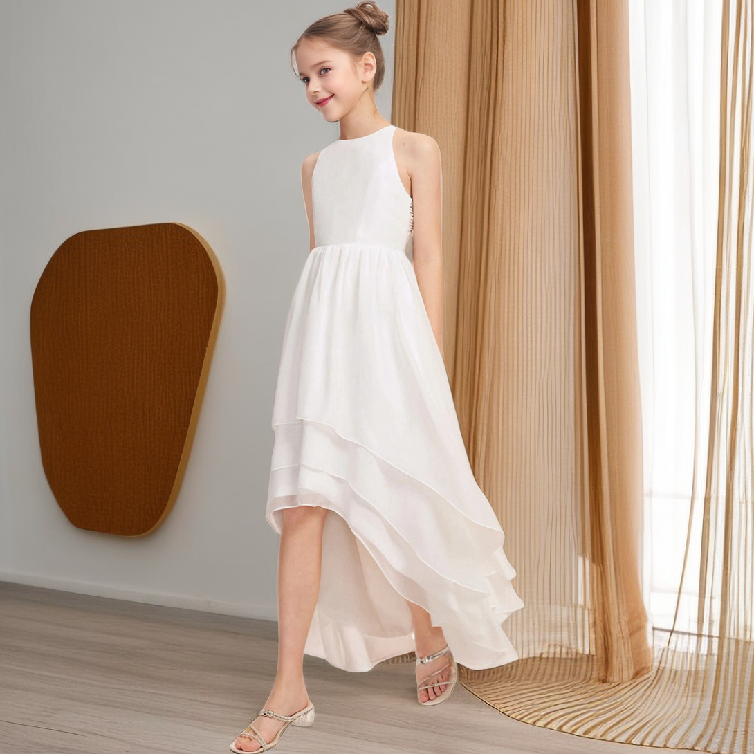 Boat Neck Sleeveless Asymmetrical Chiffon Junior Bridesmaid Dress/First Communion Dress Girls Gidiondress