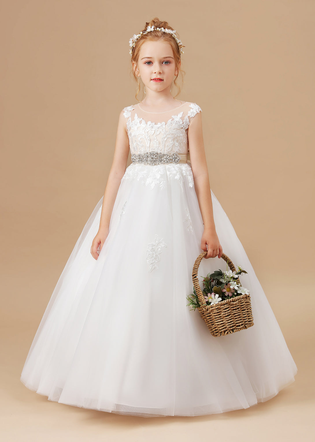 Ball Gown Sleeveless Scoop Neck Floor-Length Satin/Lace/Tulle Flower Girl Dresses With Beads Belt/Appliques Girls Gidiondress Picture Colors 12M