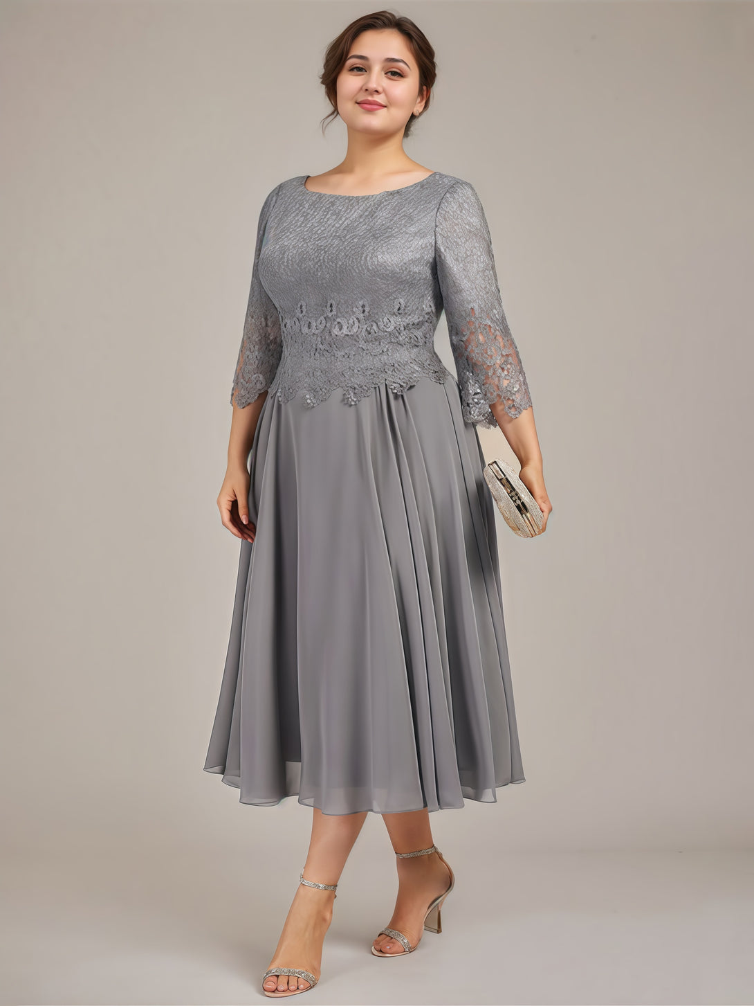 Boat Neck 3/4 Sleeve A-Line Tea-Length Lace/Chiffon Mother of the Bride Dress With Appliques BabaMila