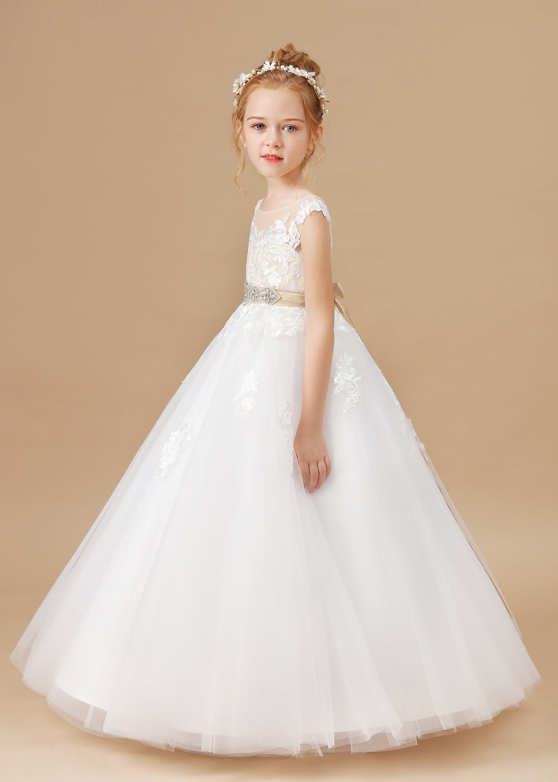 Ball Gown Sleeveless Scoop Neck Floor-Length Satin/Lace/Tulle Flower Girl Dresses With Beads Belt/Appliques Girls Gidiondress