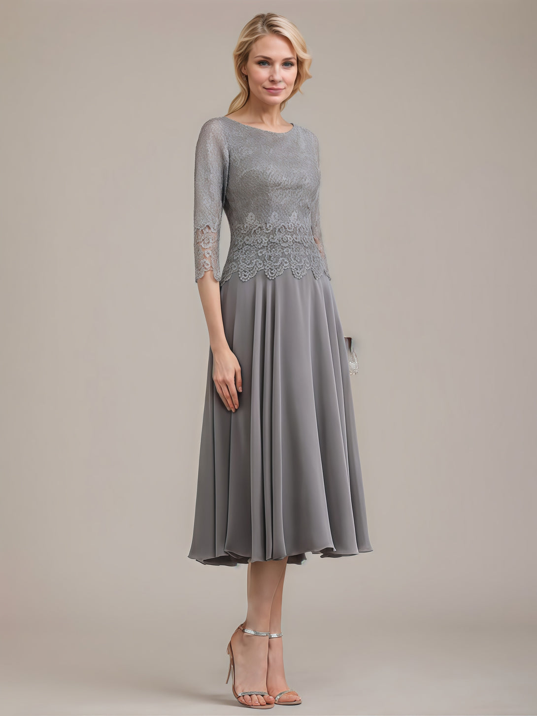 Boat Neck 3/4 Sleeve A-Line Tea-Length Lace/Chiffon Mother of the Bride Dress With Appliques BabaMila