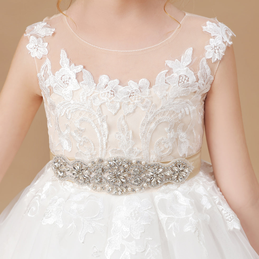 Ball Gown Sleeveless Scoop Neck Floor-Length Satin/Lace/Tulle Flower Girl Dresses With Beads Belt/Appliques Girls Gidiondress