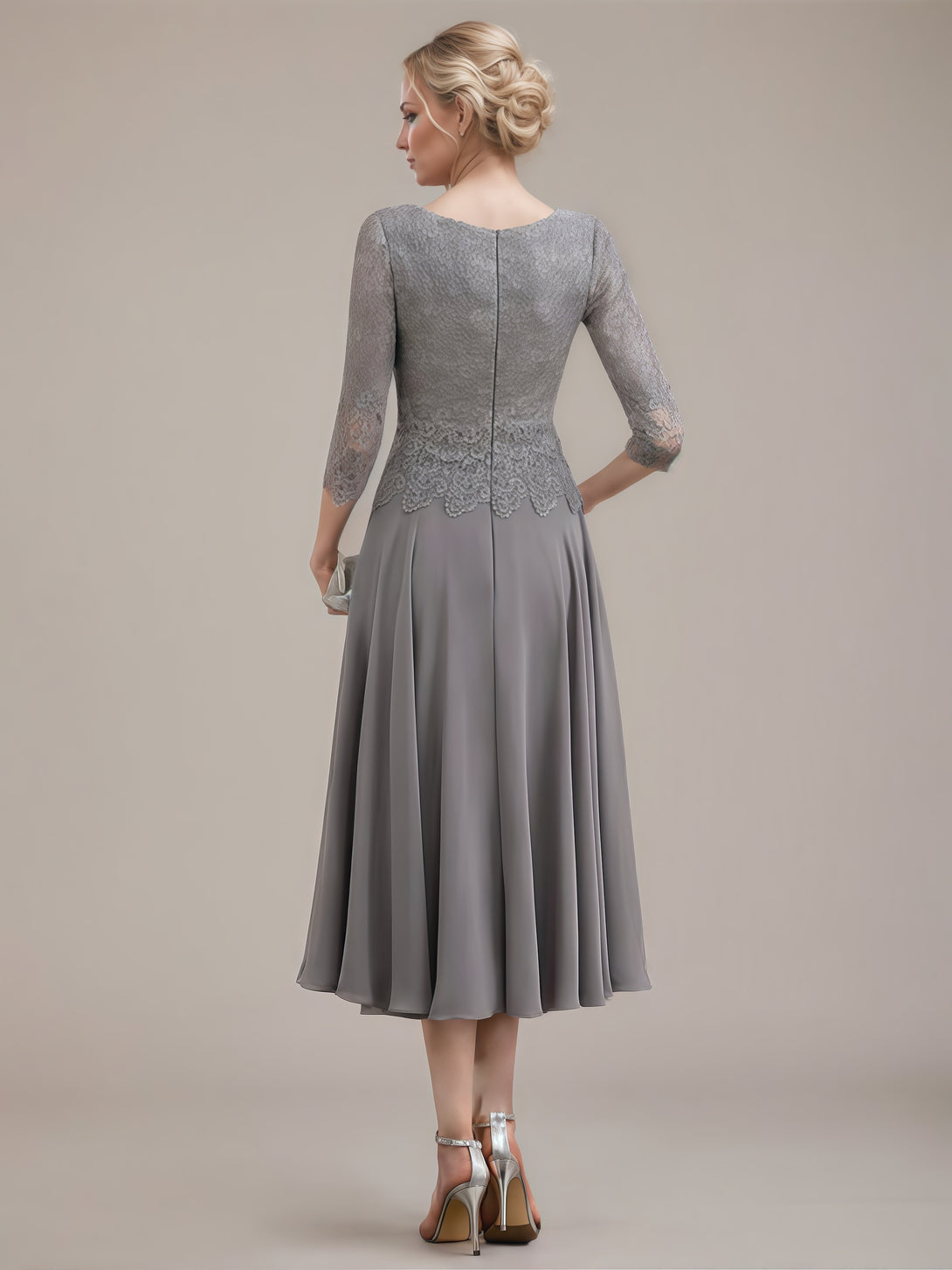 Boat Neck 3/4 Sleeve A-Line Tea-Length Lace/Chiffon Mother of the Bride Dress With Appliques BabaMila