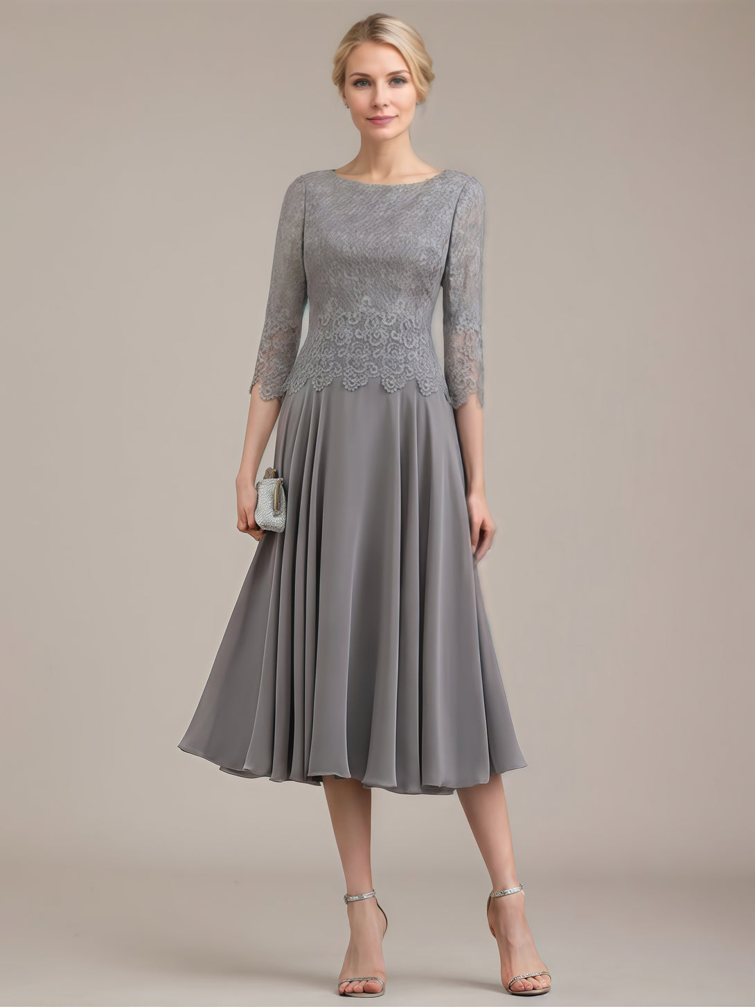 Boat Neck 3/4 Sleeve A-Line Tea-Length Lace/Chiffon Mother of the Bride Dress With Appliques BabaMila