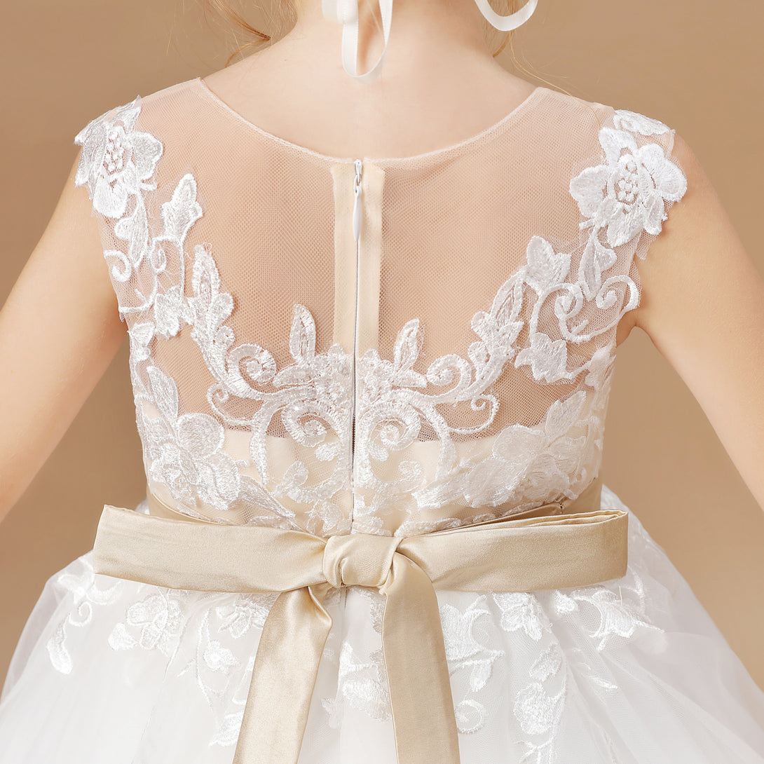 Ball Gown Sleeveless Scoop Neck Floor-Length Satin/Lace/Tulle Flower Girl Dresses With Beads Belt/Appliques Girls Gidiondress