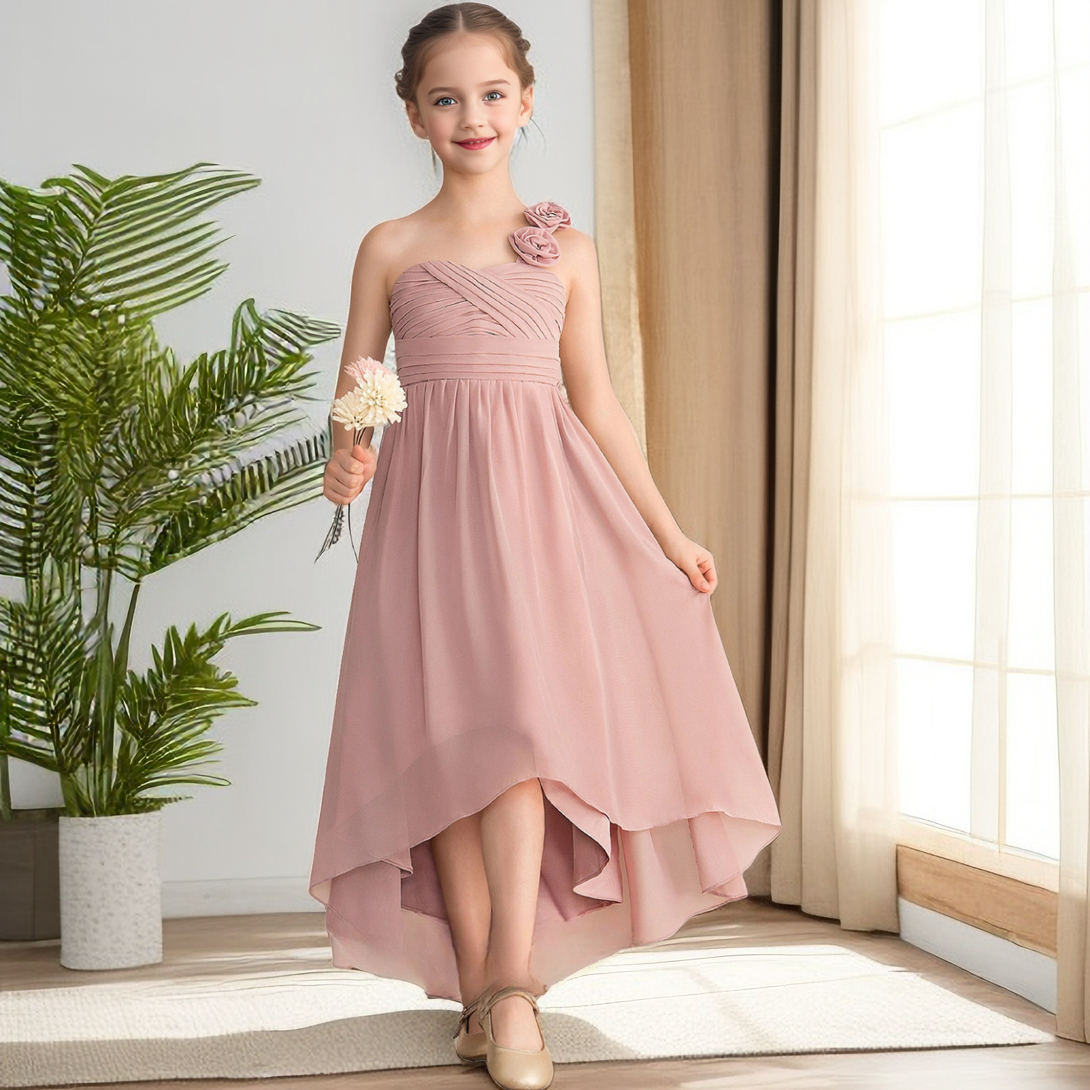 Girls Birthday Dresses Spaghetti Straps One-Shoulder Asymmetrical Chiffon Junior Bridesmaid Dress/Girls Birthday Dresses With 3D Flower/Pleated/Belt Girls BabaMila as picture 12M