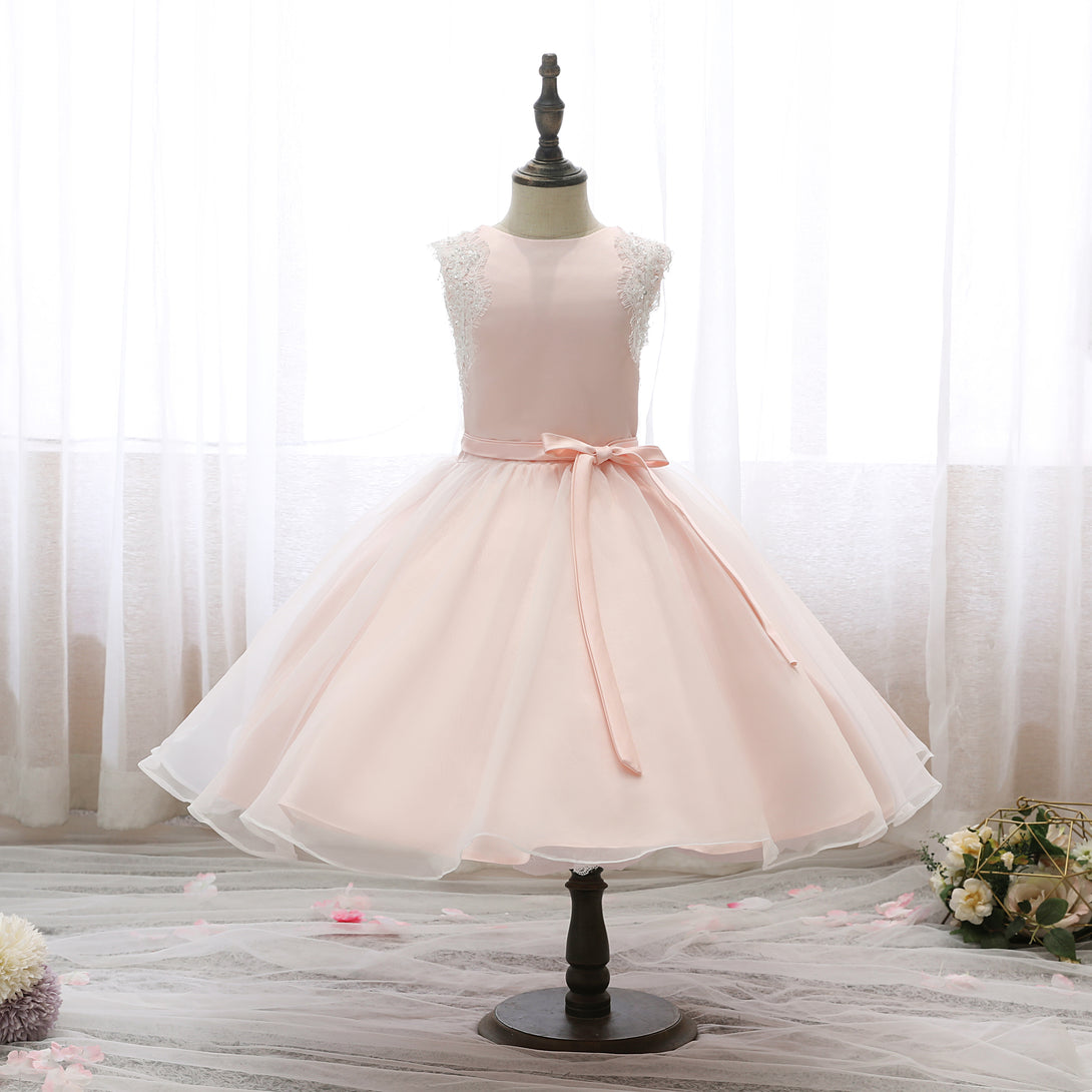 Boat Neck Sleeveless Knee-Length Lace/Satin/Tulle Girls Birthday Dresses With Appliques/Belt Gidiondress