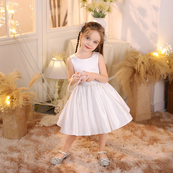 Princess Boat Neck Sleeveless Satin Ivory Knee-Length Flower Girl Dresses/Party Dresses With Bow Girls Gidiondress