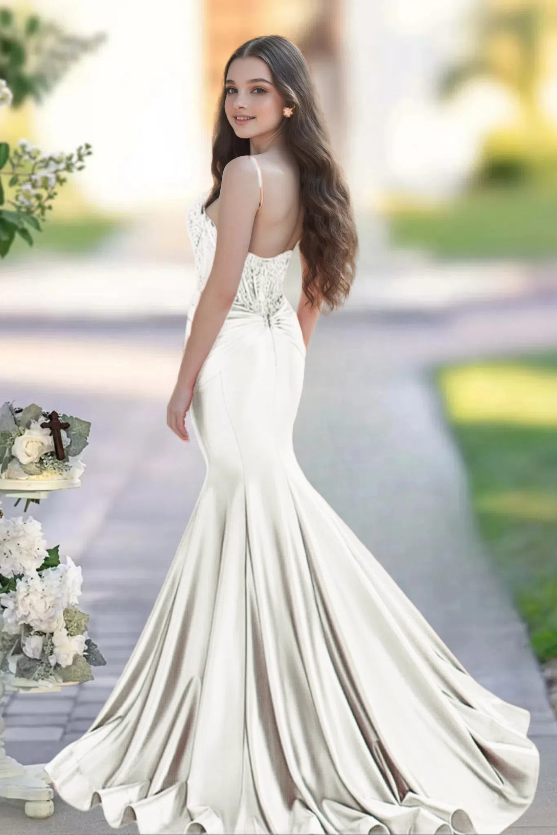 Sheath/Column Sweetheart Neck Sleeveless Sweep Train Satin Prom Dress BabaMila
