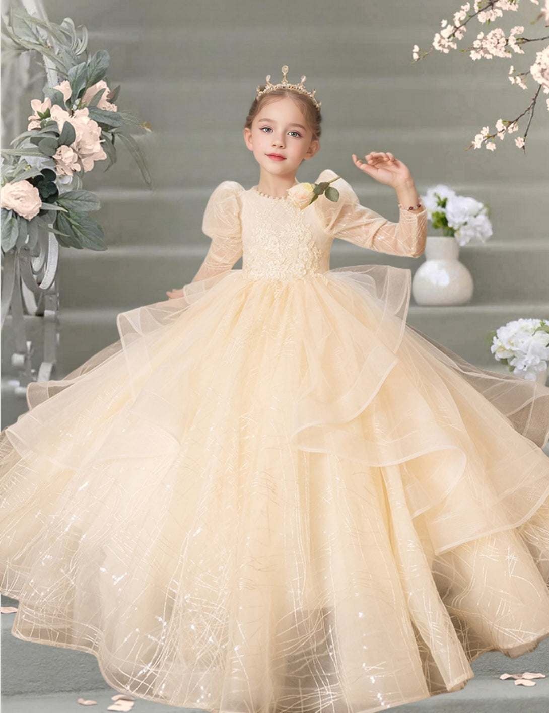 Princesss/Ball Gown Boat Neck Long Sleeve Floor-Length Tulle/Lace Holiday＆Christmas Dresses With Pleated/Beads Gidiondress
