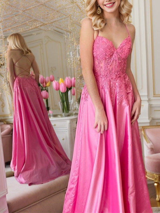 A-Line/Princess Spaghetti Straps Floor-length Prom Dresses With Appliques BabaMila