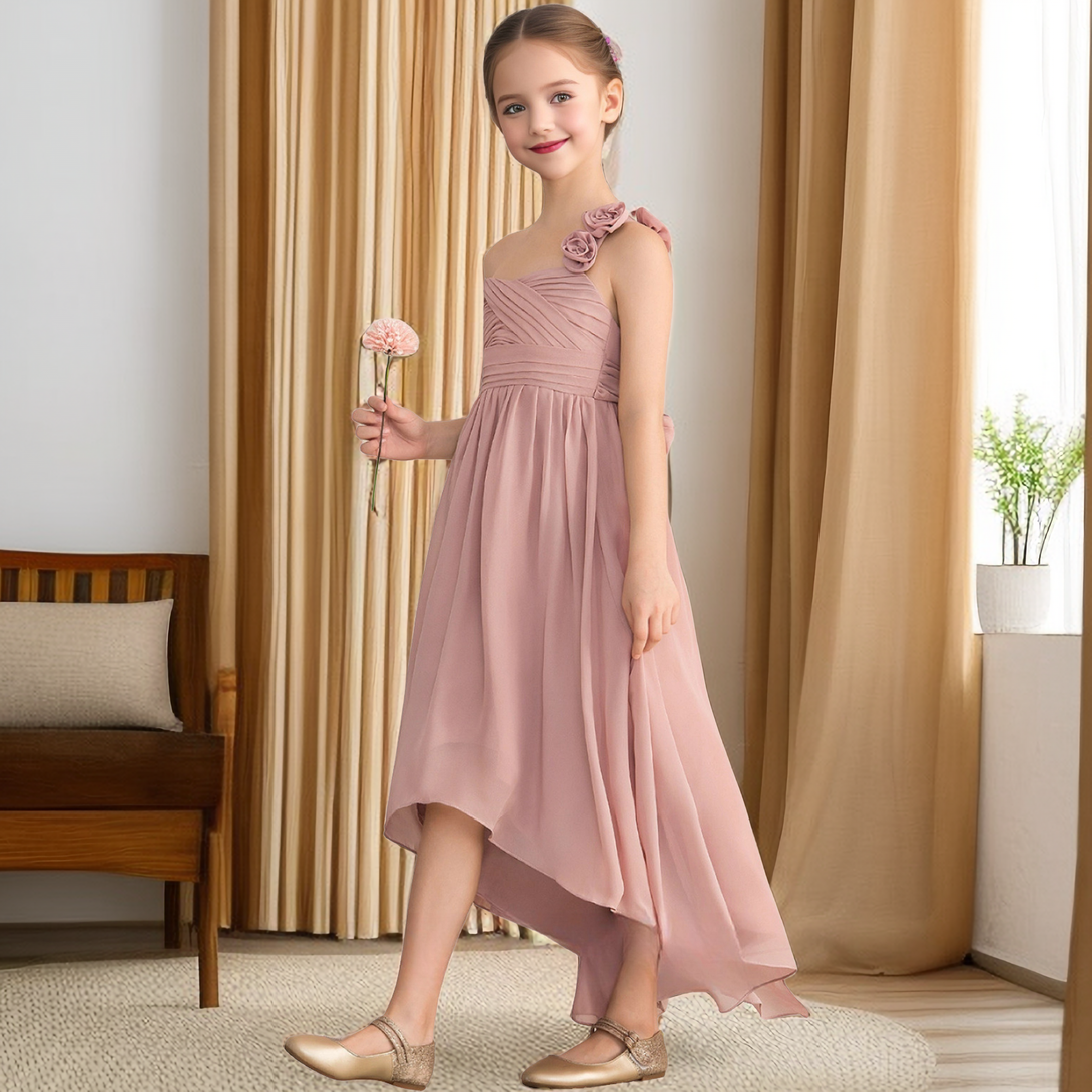 Girls Birthday Dresses Spaghetti Straps One-Shoulder Asymmetrical Chiffon Junior Bridesmaid Dress/Girls Birthday Dresses With 3D Flower/Pleated/Belt Girls BabaMila
