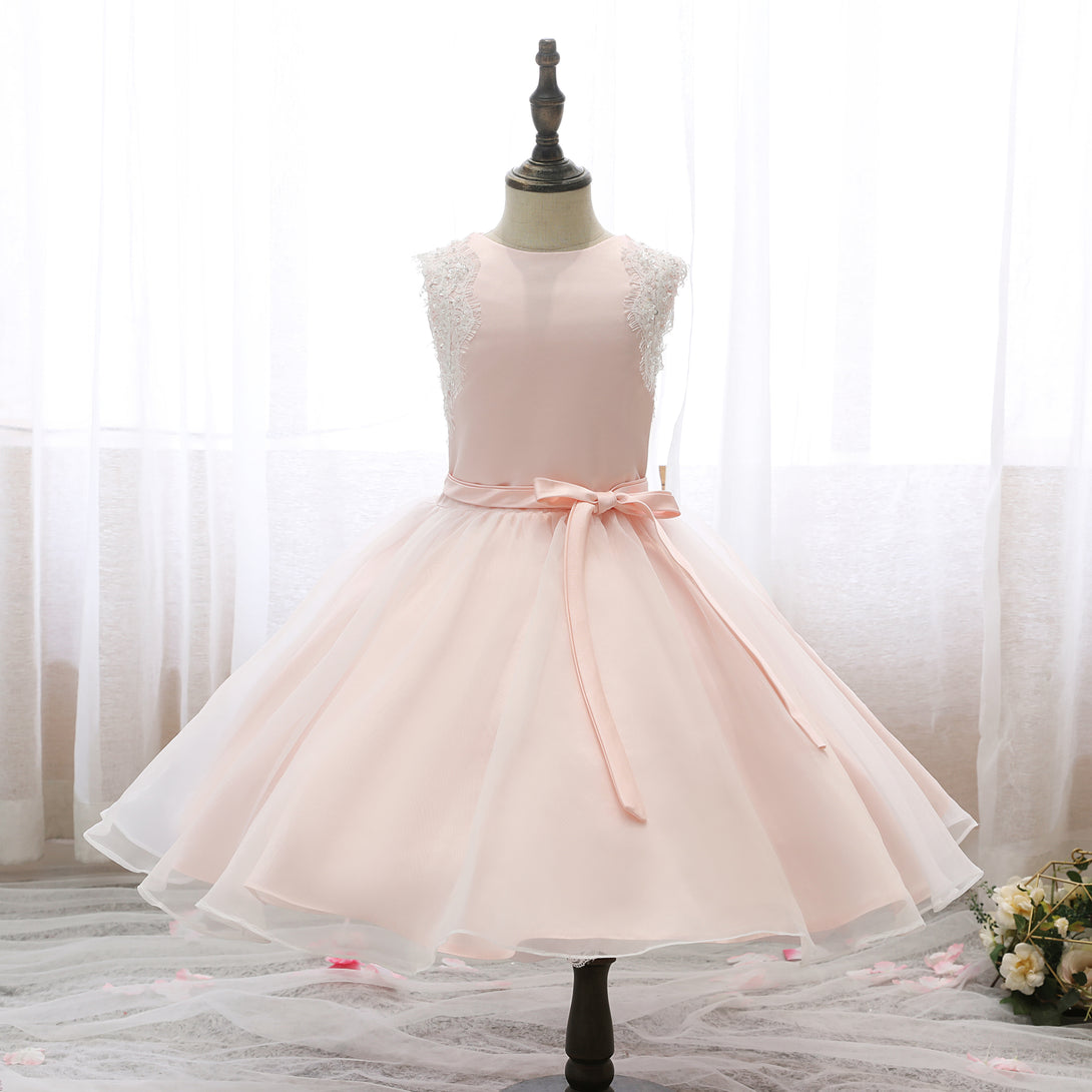 Boat Neck Sleeveless Knee-Length Lace/Satin/Tulle Girls Birthday Dresses With Appliques/Belt Gidiondress