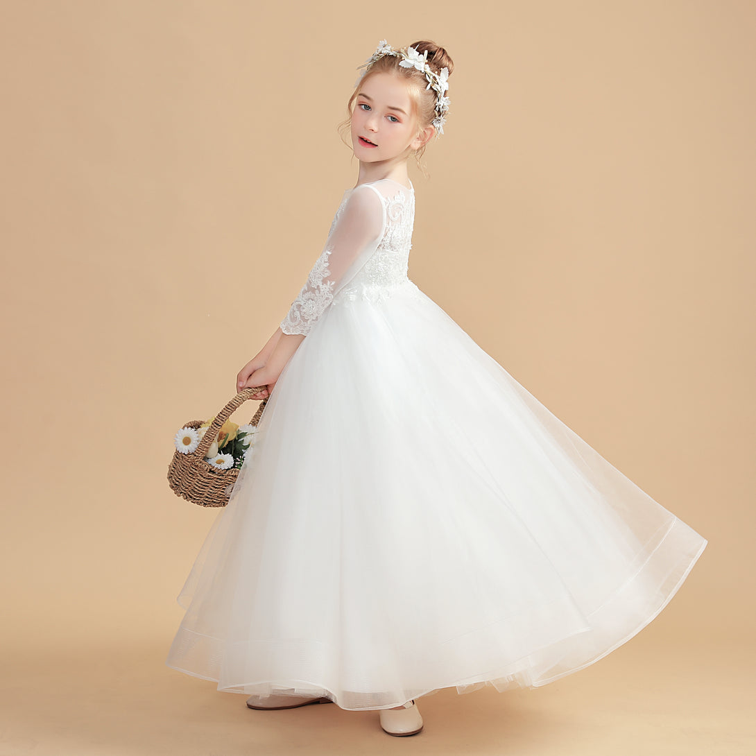 Princess 3/4 Sleeve Scoop Neck Floor-Length Tulle/Lace Flower Girl Dresses/First Communion Dress With Appliques Gidiondress