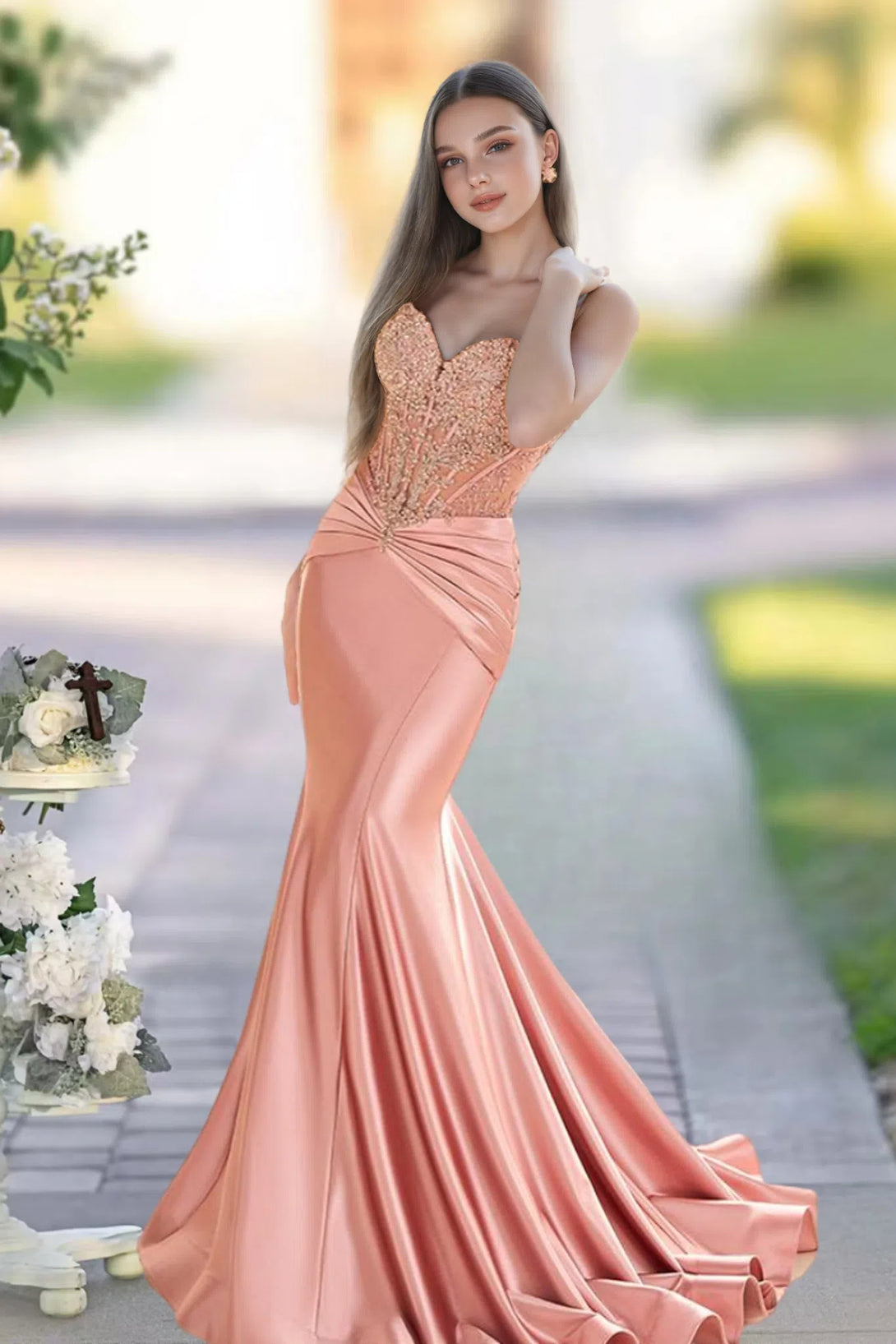 Sheath/Column Sweetheart Neck Sleeveless Sweep Train Satin Prom Dress BabaMila