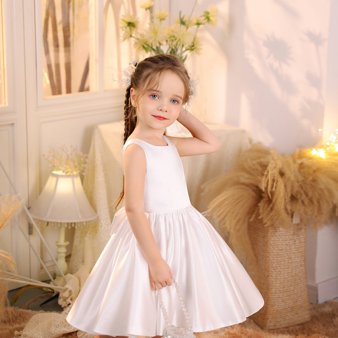 Princess Boat Neck Sleeveless Satin Ivory Knee-Length Flower Girl Dresses/Party Dresses With Bow Girls Gidiondress