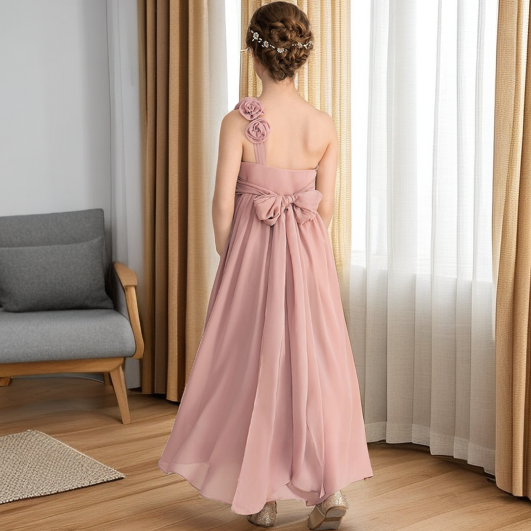 Girls Birthday Dresses Spaghetti Straps One-Shoulder Asymmetrical Chiffon Junior Bridesmaid Dress/Girls Birthday Dresses With 3D Flower/Pleated/Belt Girls BabaMila