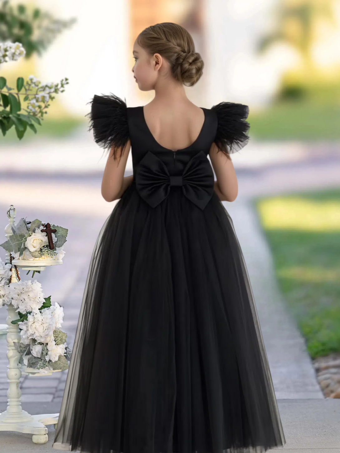 Scoop Neck Flutter Straps Floor-Length Satin/Tulle Girls Birthday Dresses With Bow Gidiondress