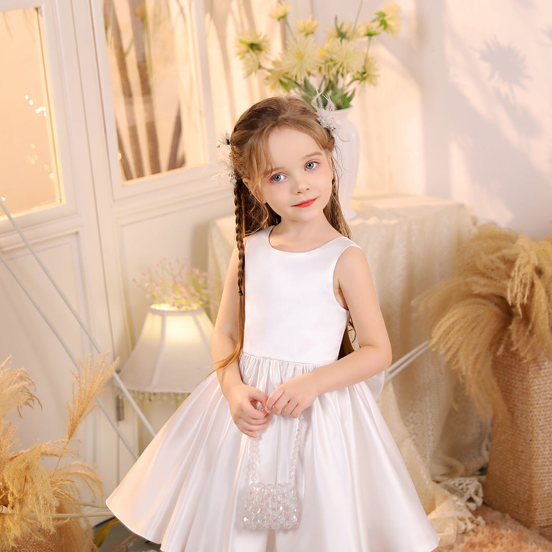 Princess Boat Neck Sleeveless Satin Ivory Knee-Length Flower Girl Dresses/Party Dresses With Bow Girls Gidiondress