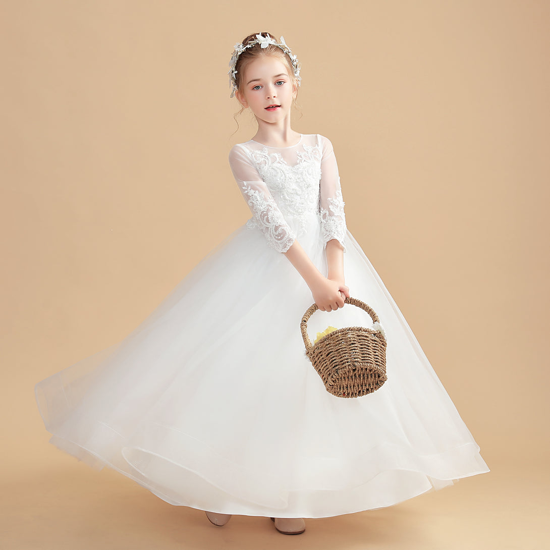 Princess 3/4 Sleeve Scoop Neck Floor-Length Tulle/Lace Flower Girl Dresses/First Communion Dress With Appliques Gidiondress