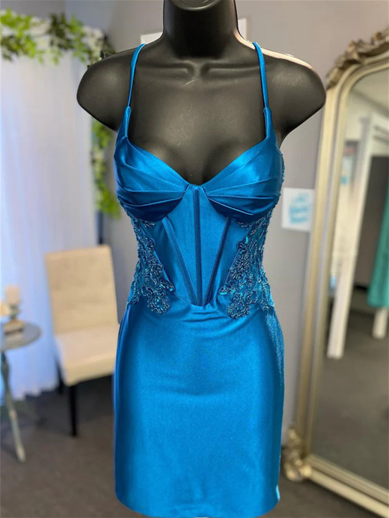 Sheath/Column Sweetheart Sleeveless Short/Mini Party Dance Cocktail Homecoming Dress With Appliques/Beads Homecoming Dress BabaMila