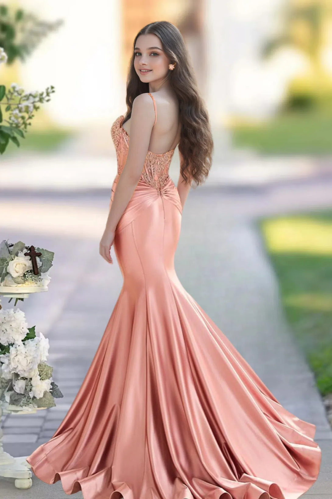 Sheath/Column Sweetheart Neck Sleeveless Sweep Train Satin Prom Dress BabaMila